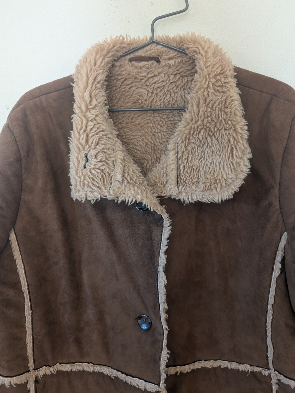 Women’s Tan Shearling-Trim Faux Suede Coat L